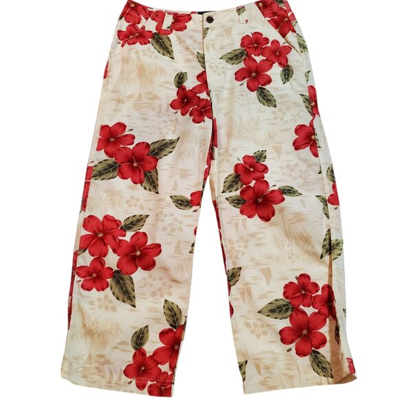 La Cabana VTG Women’s Tropical Print Tan with Red Hibiscus Cropped Pants Size 8 - Picture 1 of 13